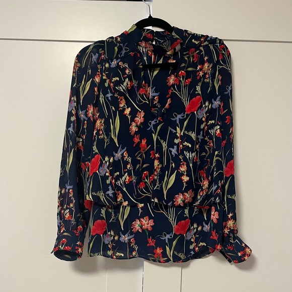 Parker Navy Floral Print Choker Neck Blouse | Size M - Picture 3 of 5